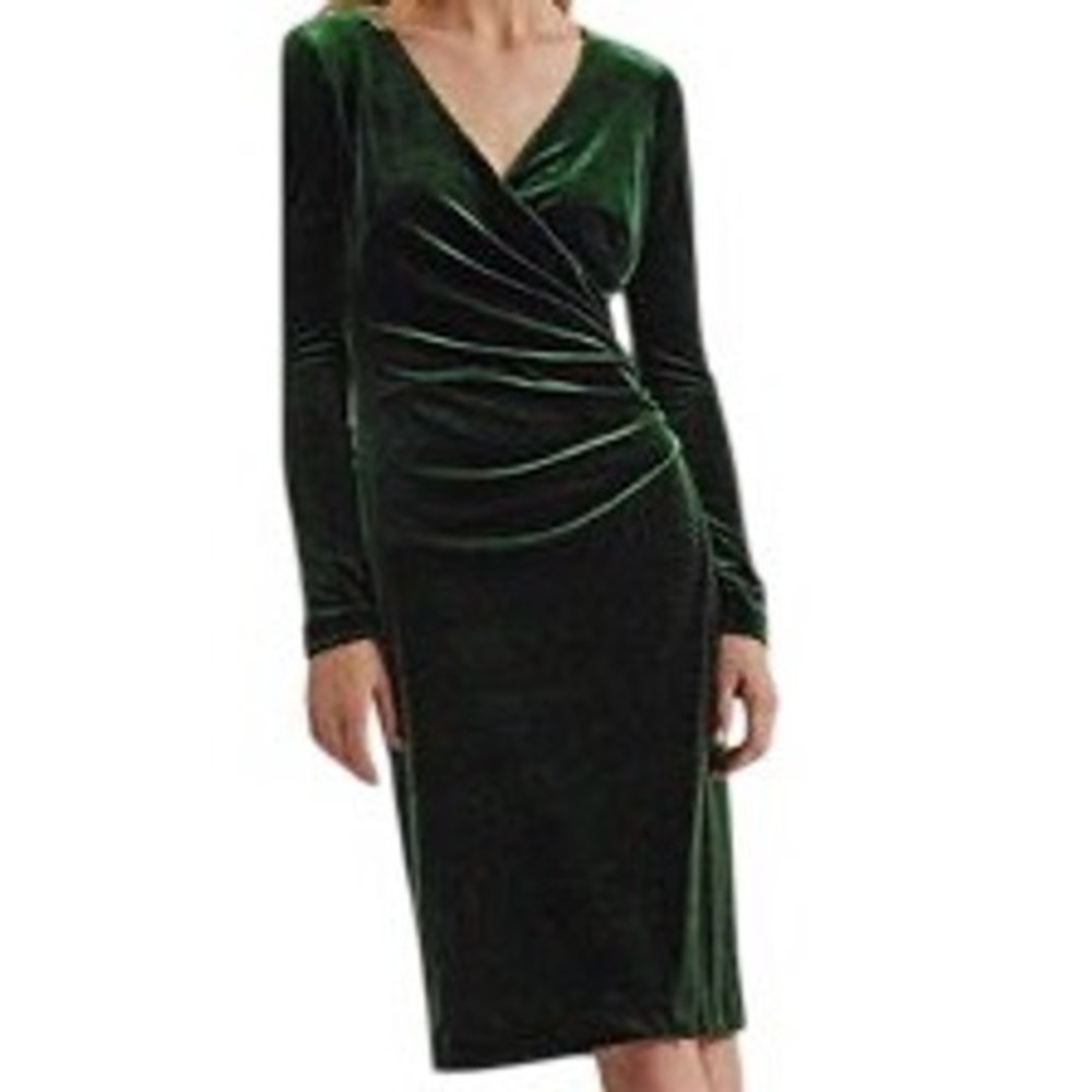 Lauren Ralph Lauren Womens Stretch Velvet Surplice Sheath Dress Green Size 16